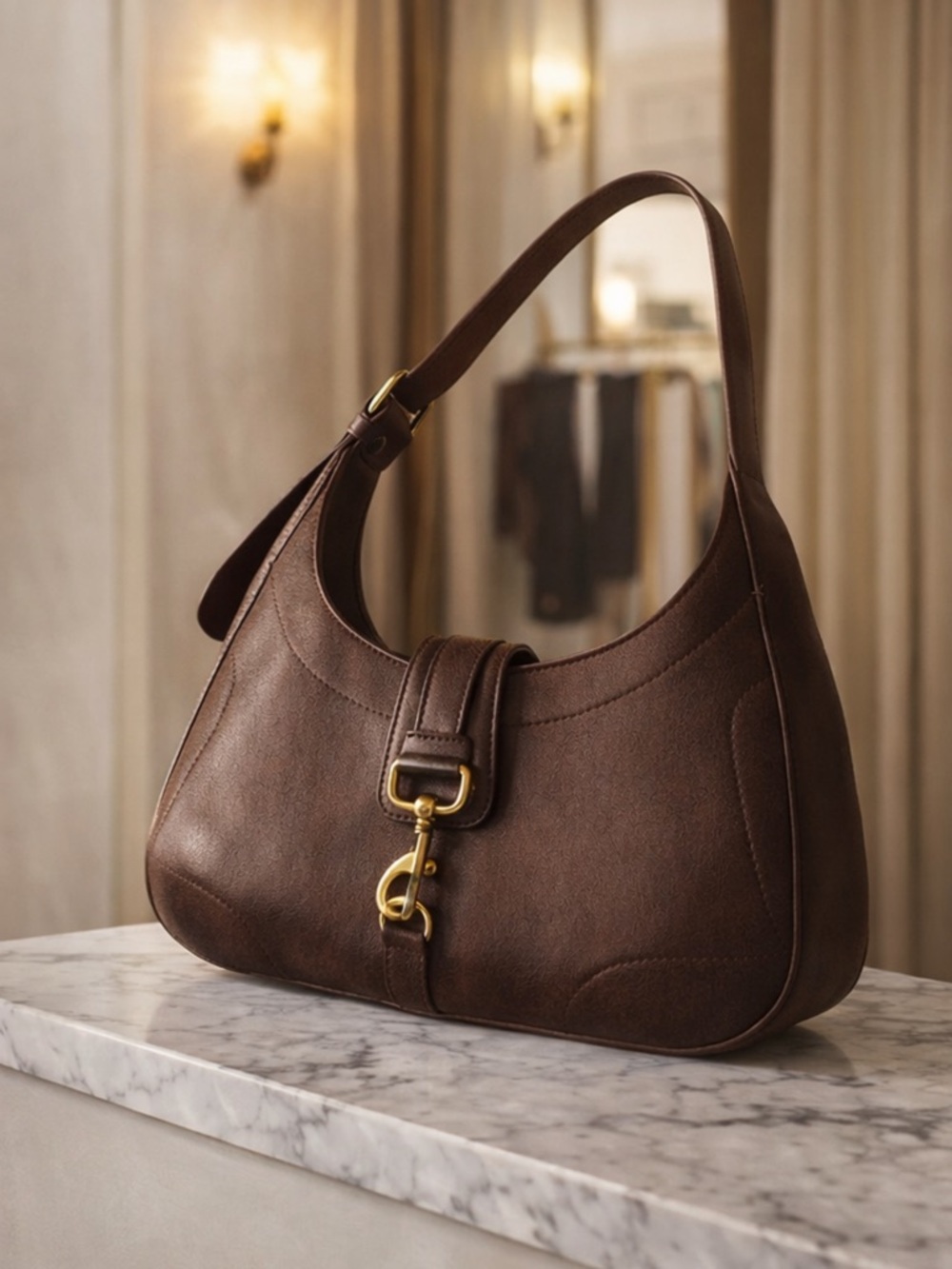 Chic Brown Shoulder Bag | Quiet Luxury Aesthetic | Gold Hardware |